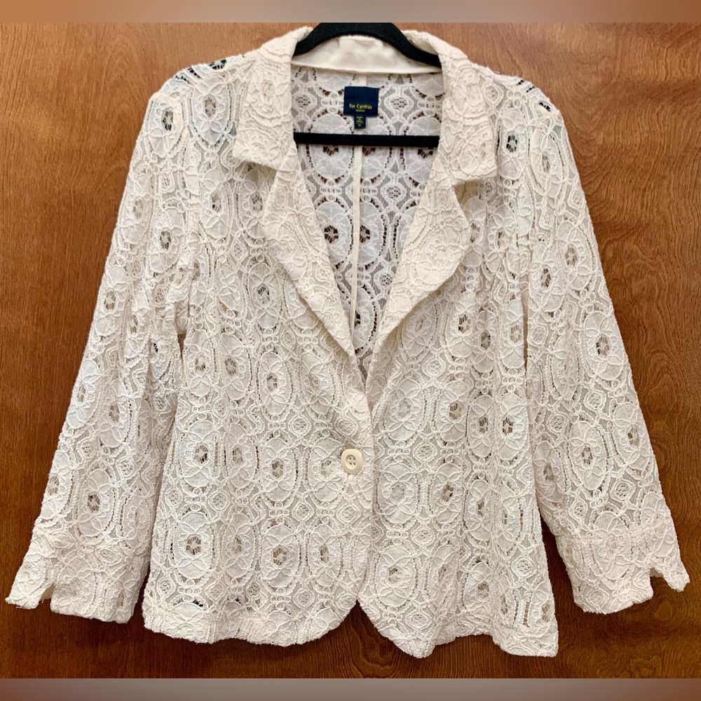 For Cynthia Woman all lace button blazer mid arm length cream/off white size 1X